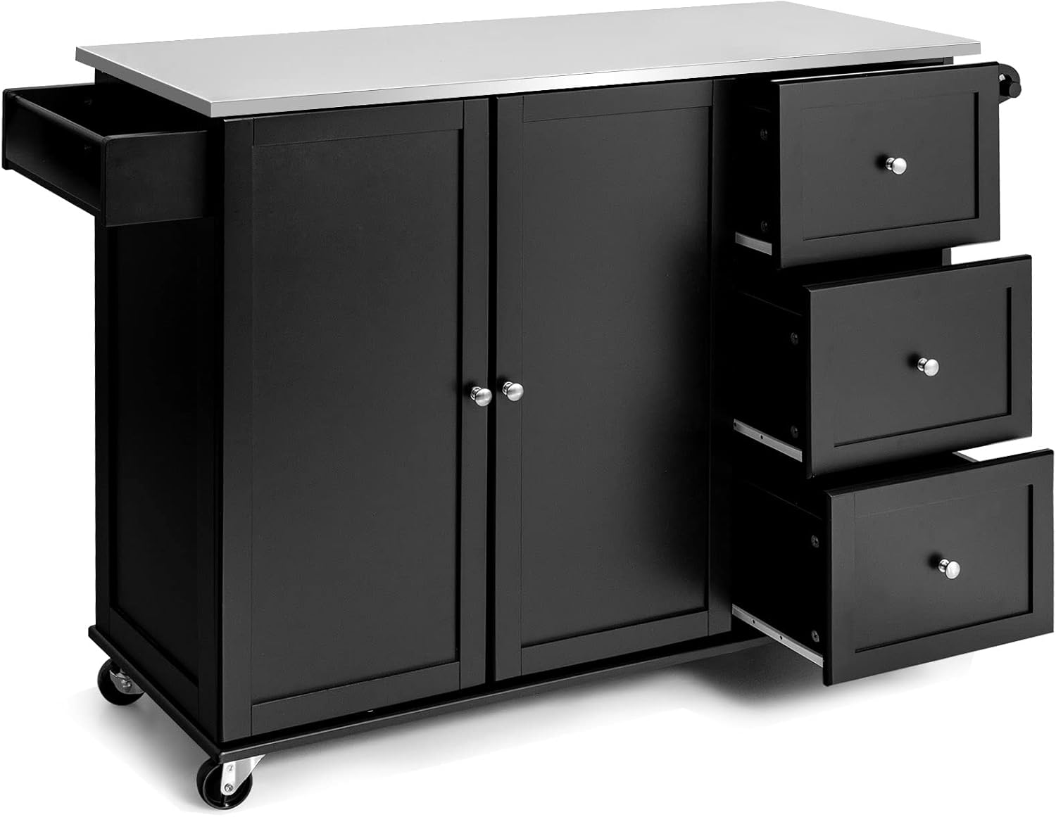 KOMFOTTEU Îlot Central Mobile avec Plan de Travail en Acier Inoxydable, Chariot de Cuisine avec 3 Tiroirs, Porte-Serviettes et Étagère réglable, Desserte sur roulettes, 135 x 45,5 x 91,5 cm Noir