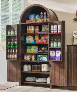 71 Tall Arched Kitchen Pantry, Modern Storage Cabinet with 3 Adjustable Shelves, 6 Door Shelves, for Kitchen, Living Room