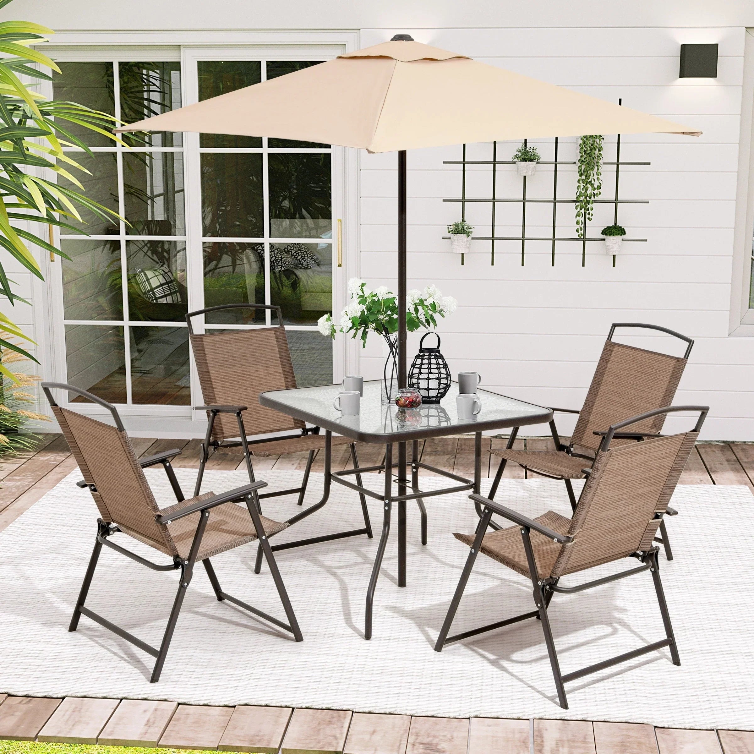 Pellebant 6 Piece Patio Set with Table, Umbrella and 4 Folding Chairs - 22.4Wx26.8Dx34.4H – Image 15