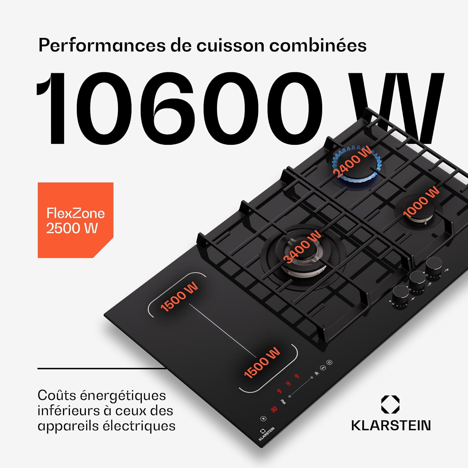 Klarstein MultiChef 5 Plaque Induction Et Gaz - 5 Zones, Flexzone, 10,6 Kw, Commande À Glissière, Stop&Go, Minuterie, Noir, 87,5 Cm – Image 3