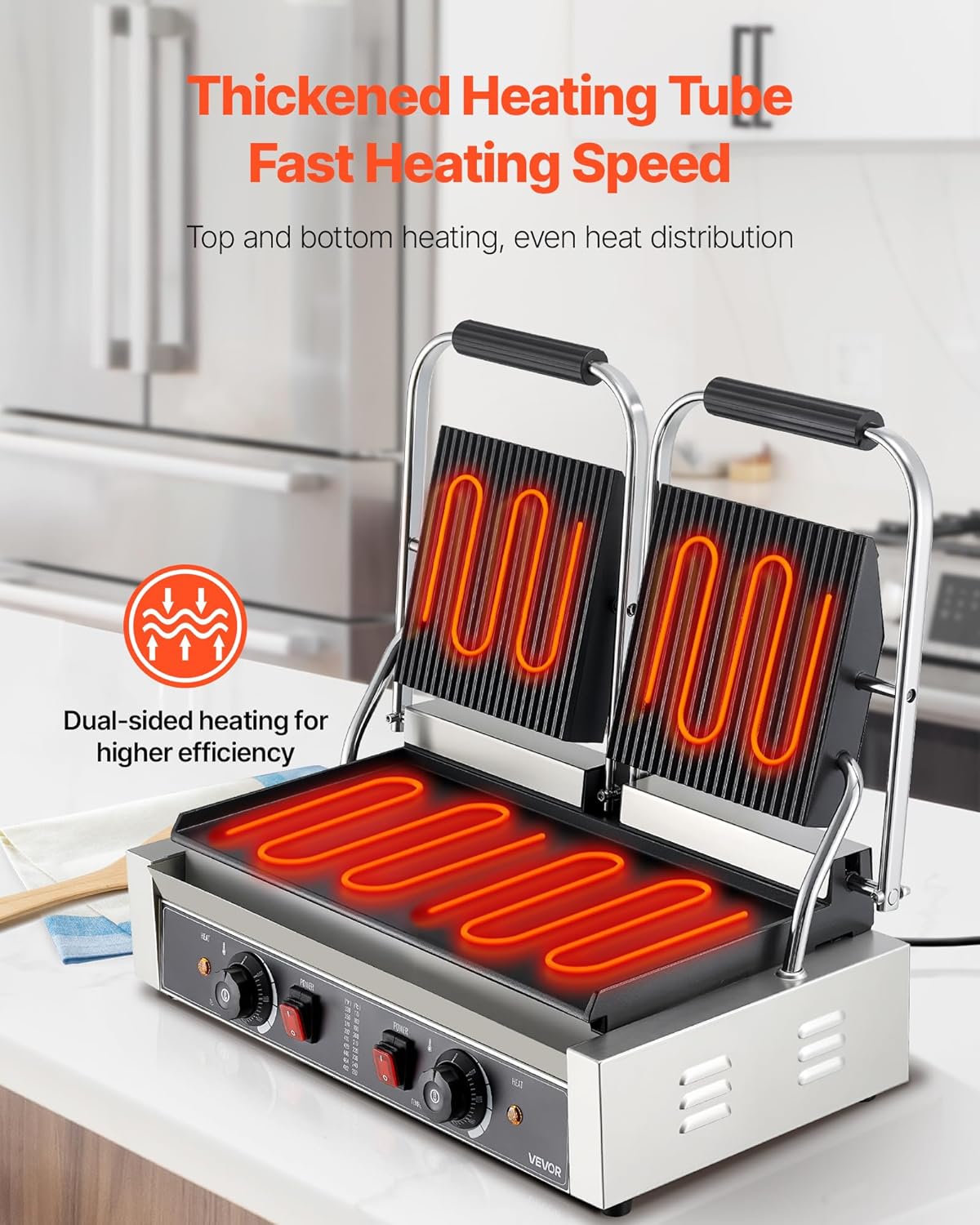 VEVOR Gril Panini Électrique de 3600 W, Double Presse à Panini avec Plaque de Cuisson Émaillée de 48,5x23 cm, Appareil à Sandwich en Inox, Contrôle de la Température, pour Hamburger, Steak, Cuisine – Image 2