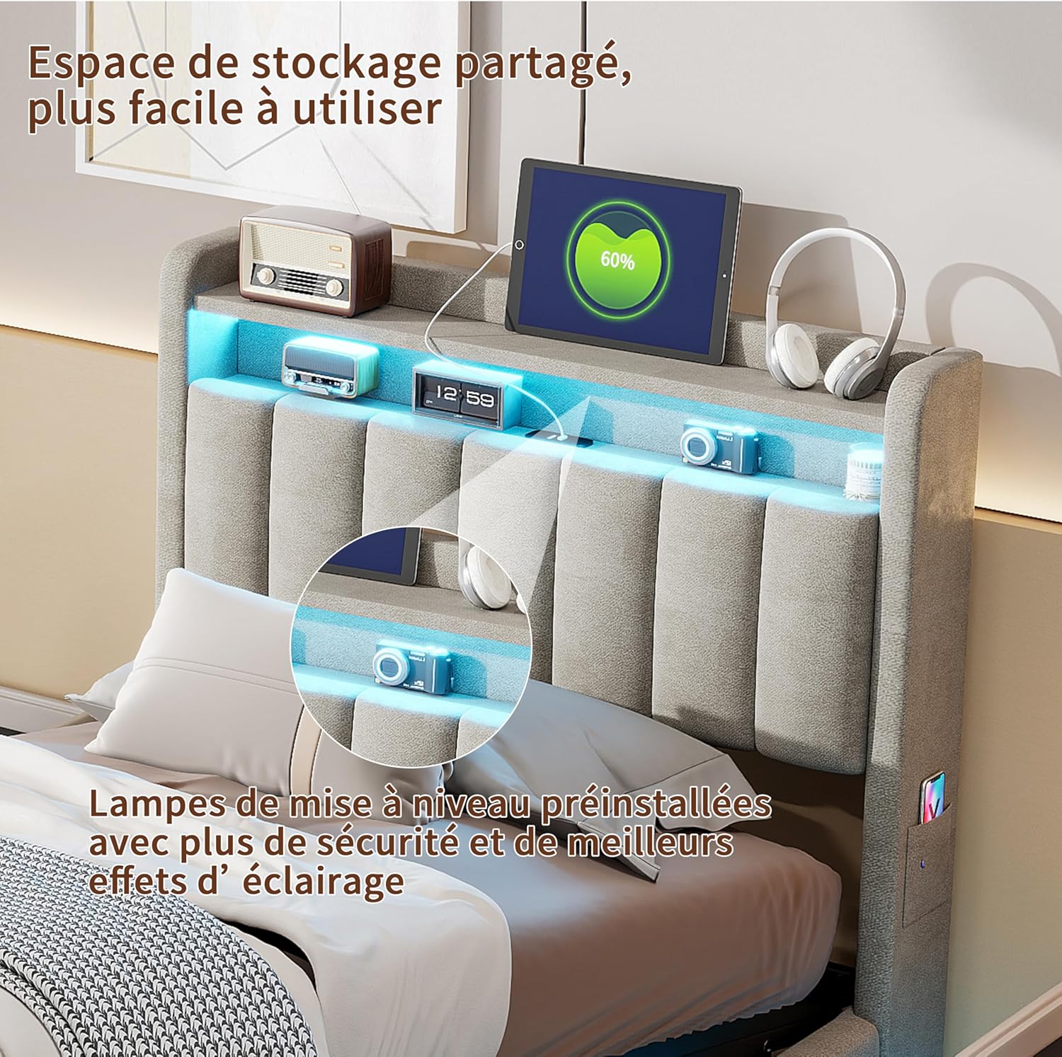 Lit Coffre 90x200 cm avec LED et Ports USB,Tête de Lits avec Rangement,Lit Double avec Sommier à Lattes, Facile à Assembler,pour Adultes et Adolescents,Velours (Gris, 90x200 cm) – Image 4