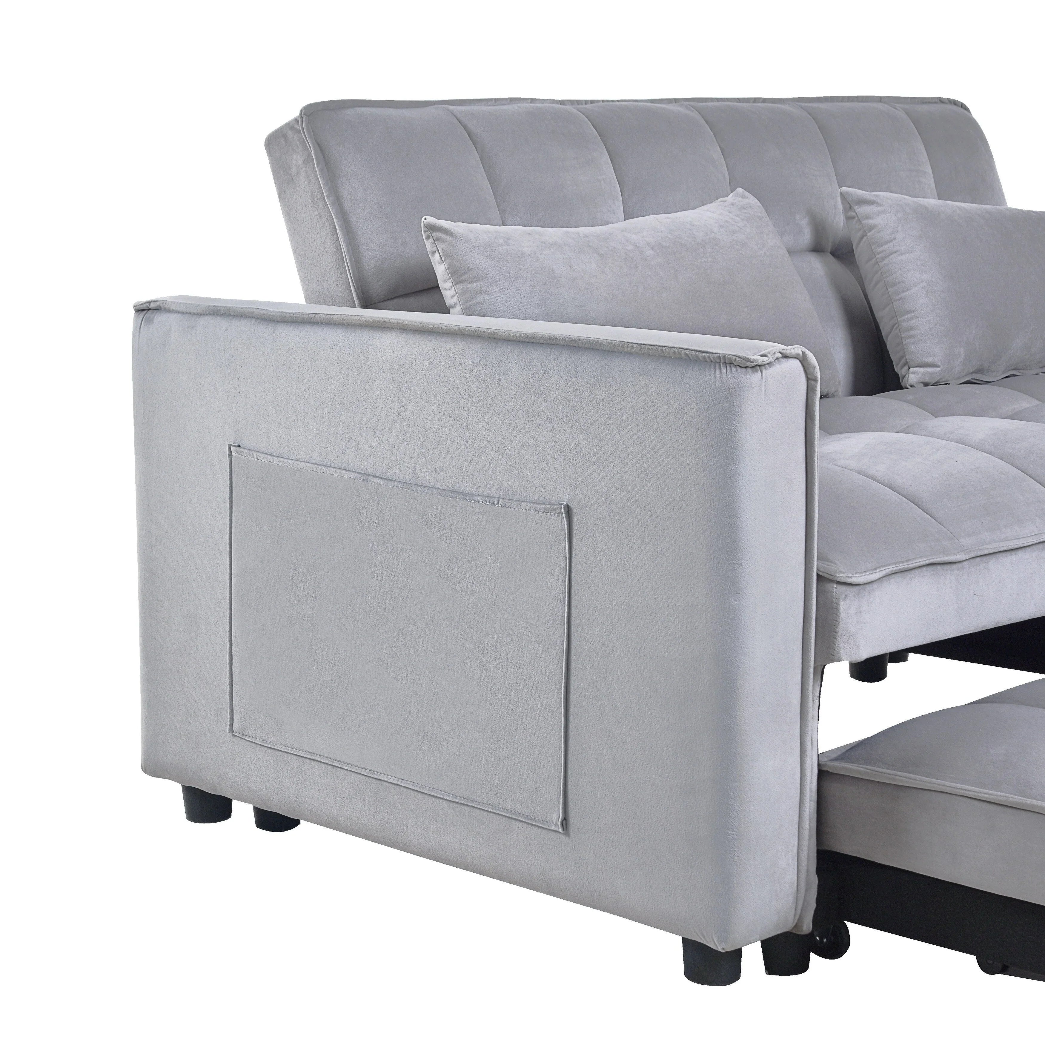 Modern Pull-Out Couch Bed, 3-in-1 Sleeper Sofa with Adjustable Backrest, Velvet Loveseat, Pillows & Side Pockets – Image 12