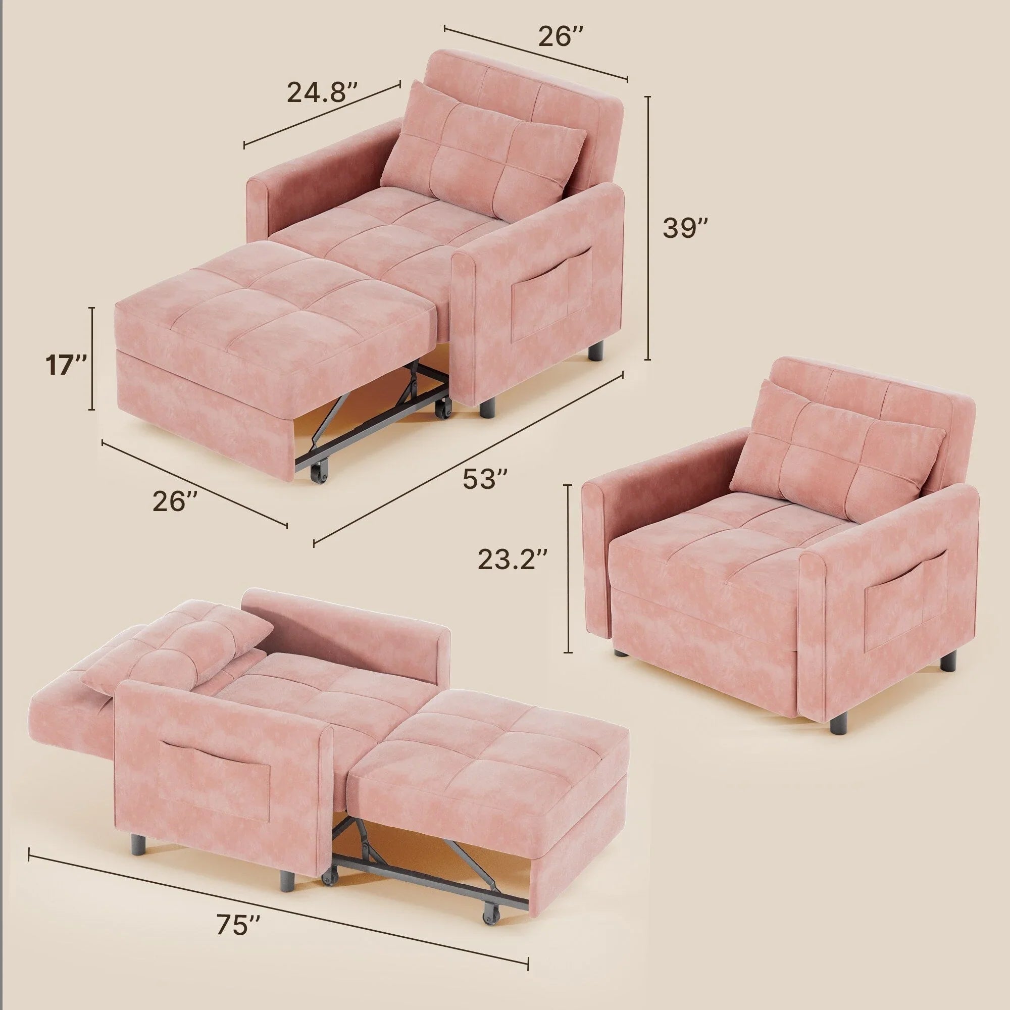 3-in-1 Adjustable Sleeper Sofa Bed, Pull Out Chair Sofa, Convertible Folding Bed for Living Room – Image 2