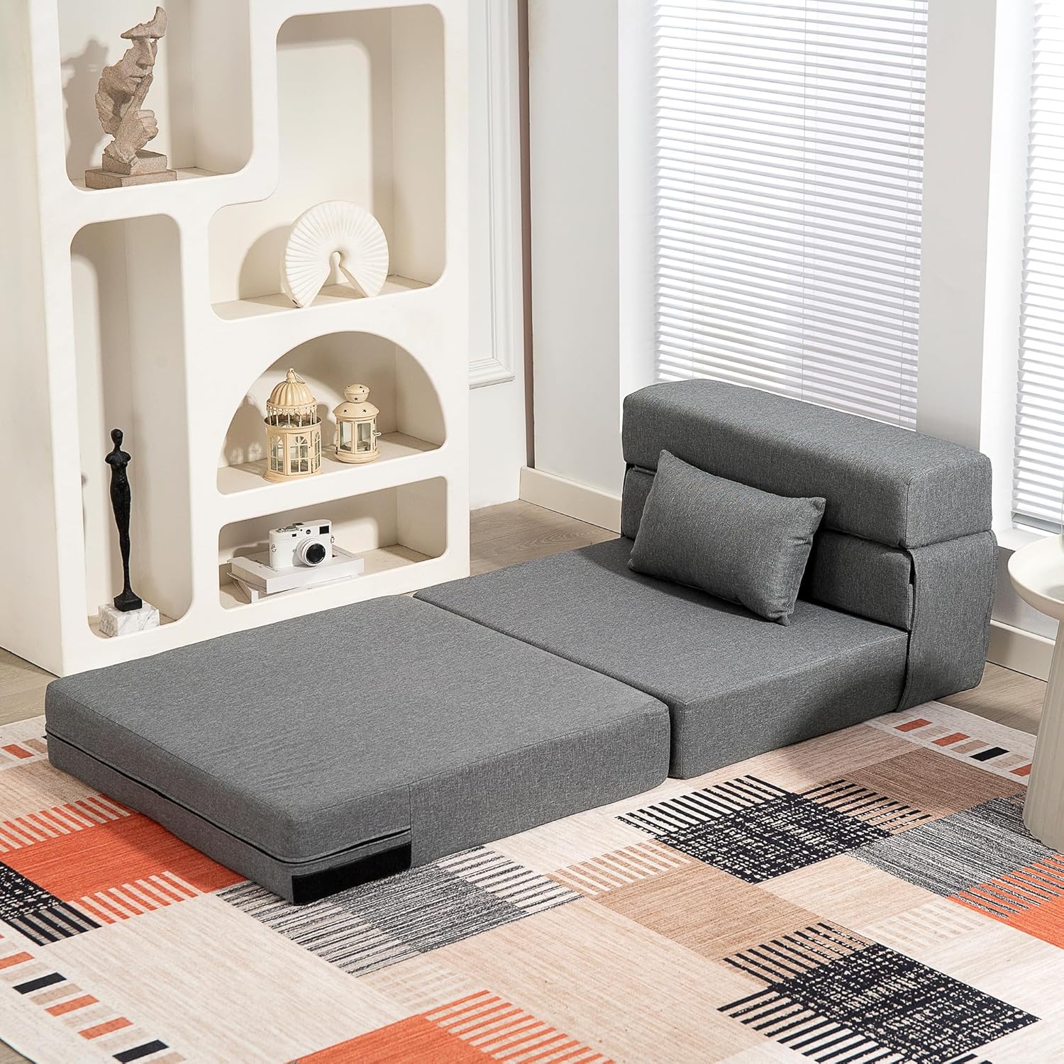 HOMCOM Fauteuil Convertible 1 Place 3 en 1, Fauteuil lit Pliant, chauffeuse 1 Place en Lin avec Large Assise, Coussin Inclus, Matelas Pliable 210 cm pour invités, Salon, Petit Espace, Gris – Image 9