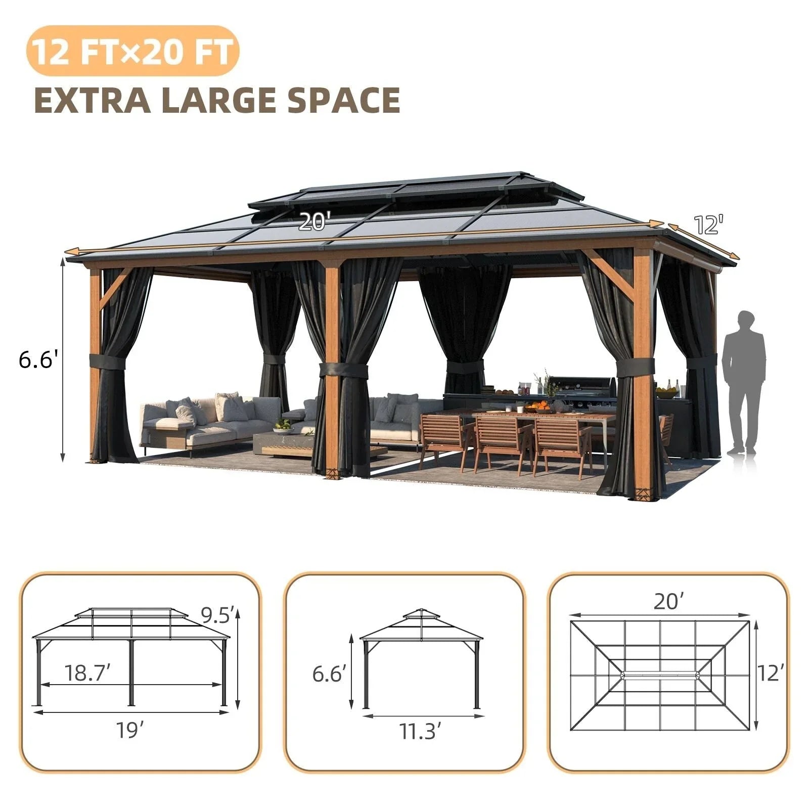 EROMMY Hardtop Gazebo,Outdoor Pergola with Double Roof & Netting & Curtains,Heavy Duty Canopy for Patio, Backyard, Pool party – Image 130