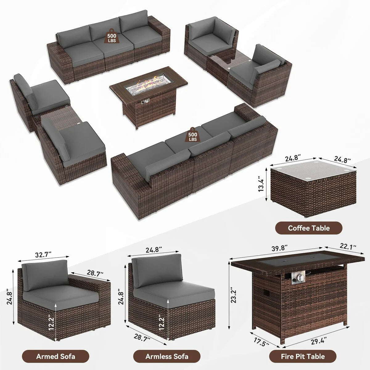 13 Pieces Patio Furniture Set with 44Fire Pit Table – Image 26