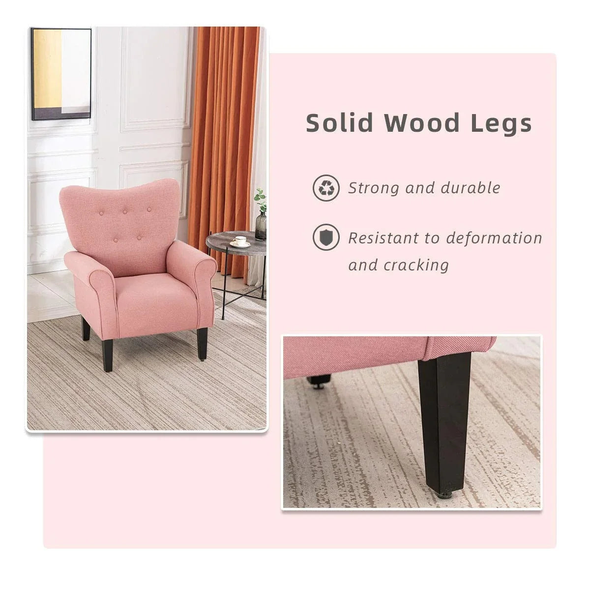 Erommy Modern Accent Chair, High Back Armchair, Upholstered Fabric Button Single Sofa with Wooden Legs for Living Room – Image 67