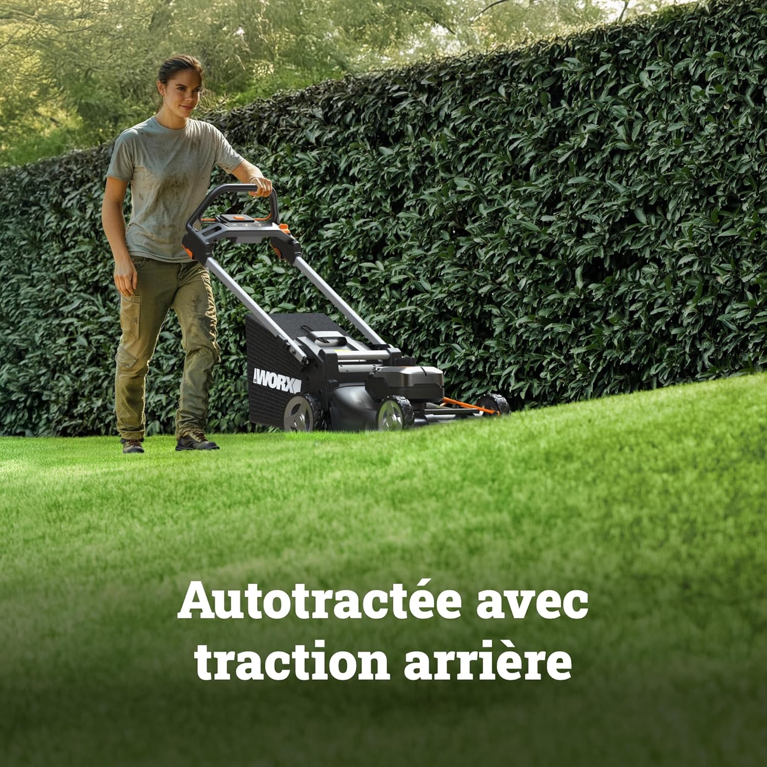 WORX Tondeuse à Gazon tractée Brushless sans Fil 40V WG749E, jusqu'à 500m² sur Une Charge, diam. 46cm, Coupe jusqu'aux Bordures, Sac de 55 L, Mulching, livée avec 2 Batteries 4Ah et Chargeur – Image 4