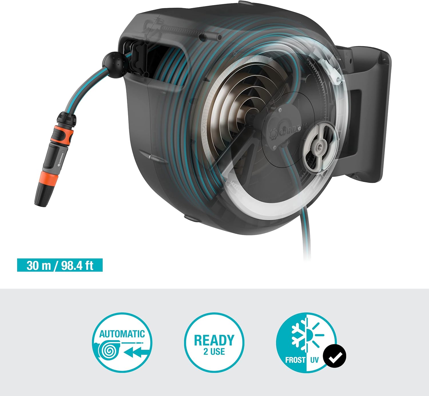 Gardena Enrouleur de Tuyau Mural Rollup L (Blanc) – Longueur 30m – Ø13mm– Garantie 5 Ans– Dévidoir pivotant à 180°– Kit Complet avec Lance, raccord, Tuyau et Support Mural Inclus (18627-20) – Image 8