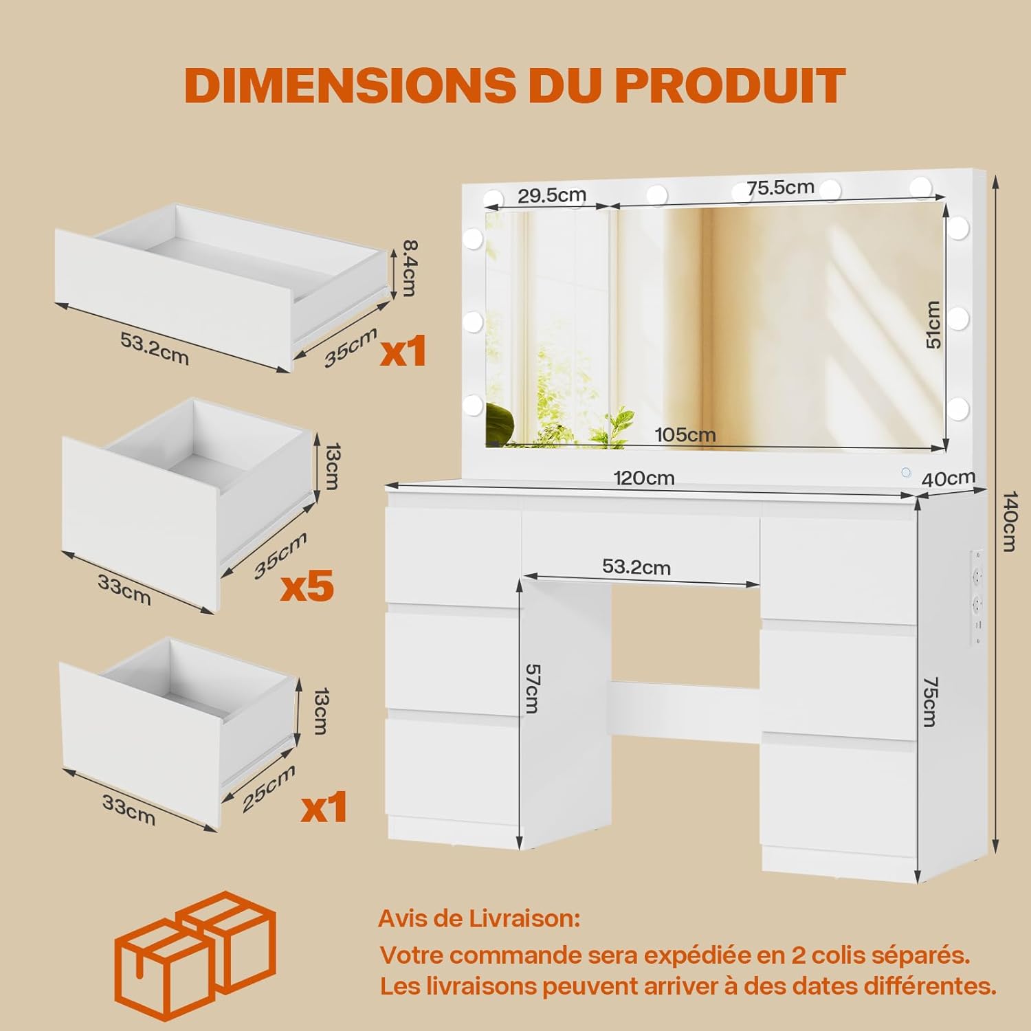 TRIUMPHKEY Coiffeuse avec Grande Miroir et Multiprise, 12 Ampoules LED Réglables, Table de Maquillage avec 7 Tiroirs, Rangement de Bijoux, 120x40x140cm Grande Commode Moderne Blanc – Image 2