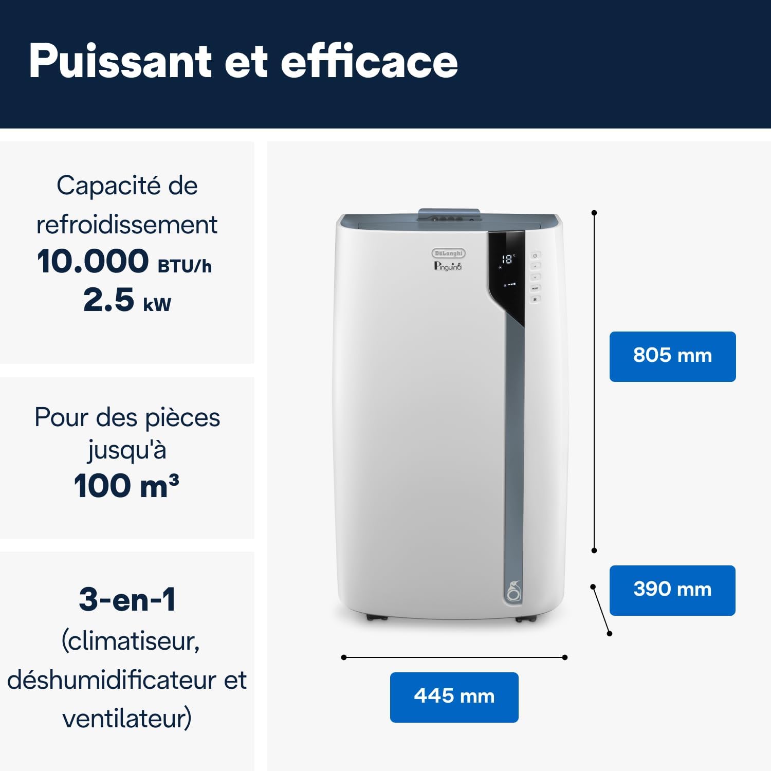 De'Longhi Pinguino PAC EX105 Climatiseur mobile avec technologie EcoRealFeel 10 000 BTU/h, pour pièces jusqu'à 100 m³, fonction déshumidification et ventilation, minuterie 24 heures, classe – Image 3