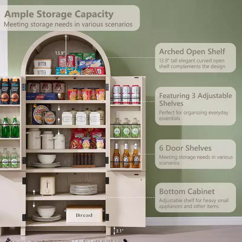 71 Tall Arched Kitchen Pantry, Modern Storage Cabinet with 3 Adjustable Shelves, 6 Door Shelves, for Kitchen, Living Room – Image 4