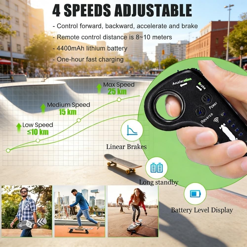 Skateboard Électrique Tout-Terrain avec Télécommande Intelligente, Vitesse Maximale 25km/h et Autonomie de Déplacement 15km, Contrôle 4 Vitesses avec Affichage, Design Skate – Image 4