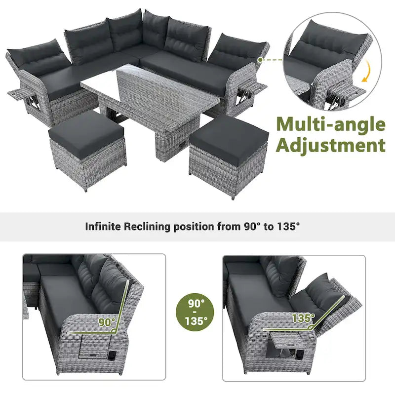 Outdoor Rattan Sectional Sofa Set with Adjustable Table & Recliners – Image 5