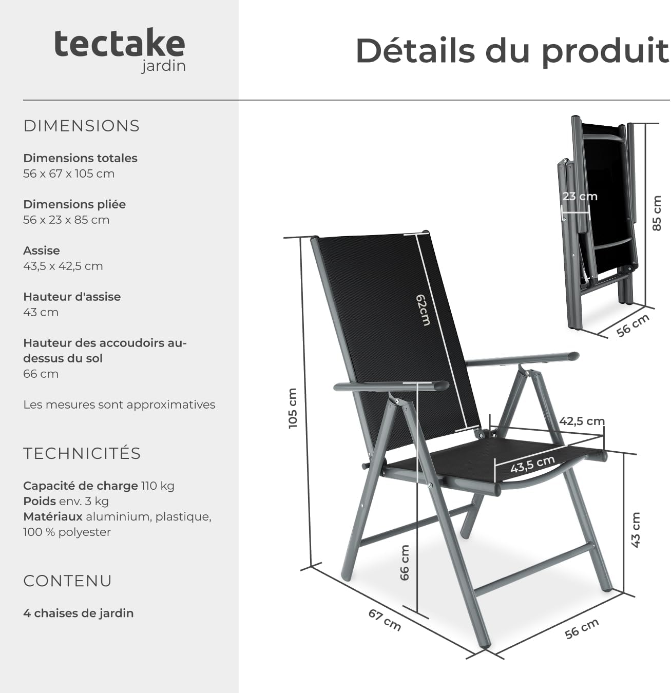 TecTake® Lot de 4 Chaises de Jardin Pliantes avec accoudoirs Chaises d´extérieur avec Cadre en Aluminium, Dossier Haut Réglable 7 Positions, Résistante intempéries, pour Salon de Jardin Exterieur – Image 2