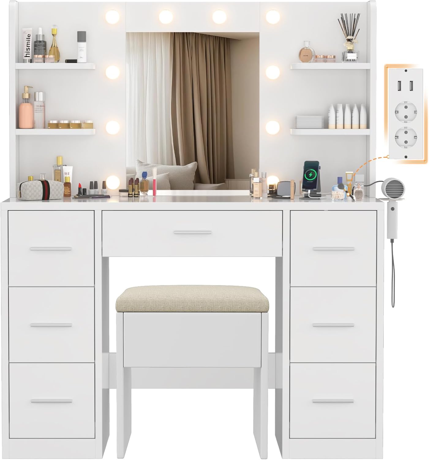 Devoko Grande Coiffeuse avec Miroir et Tabouret, Ampoules LED Réglables et Prise de Courant,Table de Maquillage avec 7 Tiroirs et 4 Étagères de Rangement,110 x 40 x 137 cm,Style Moderne Blanc