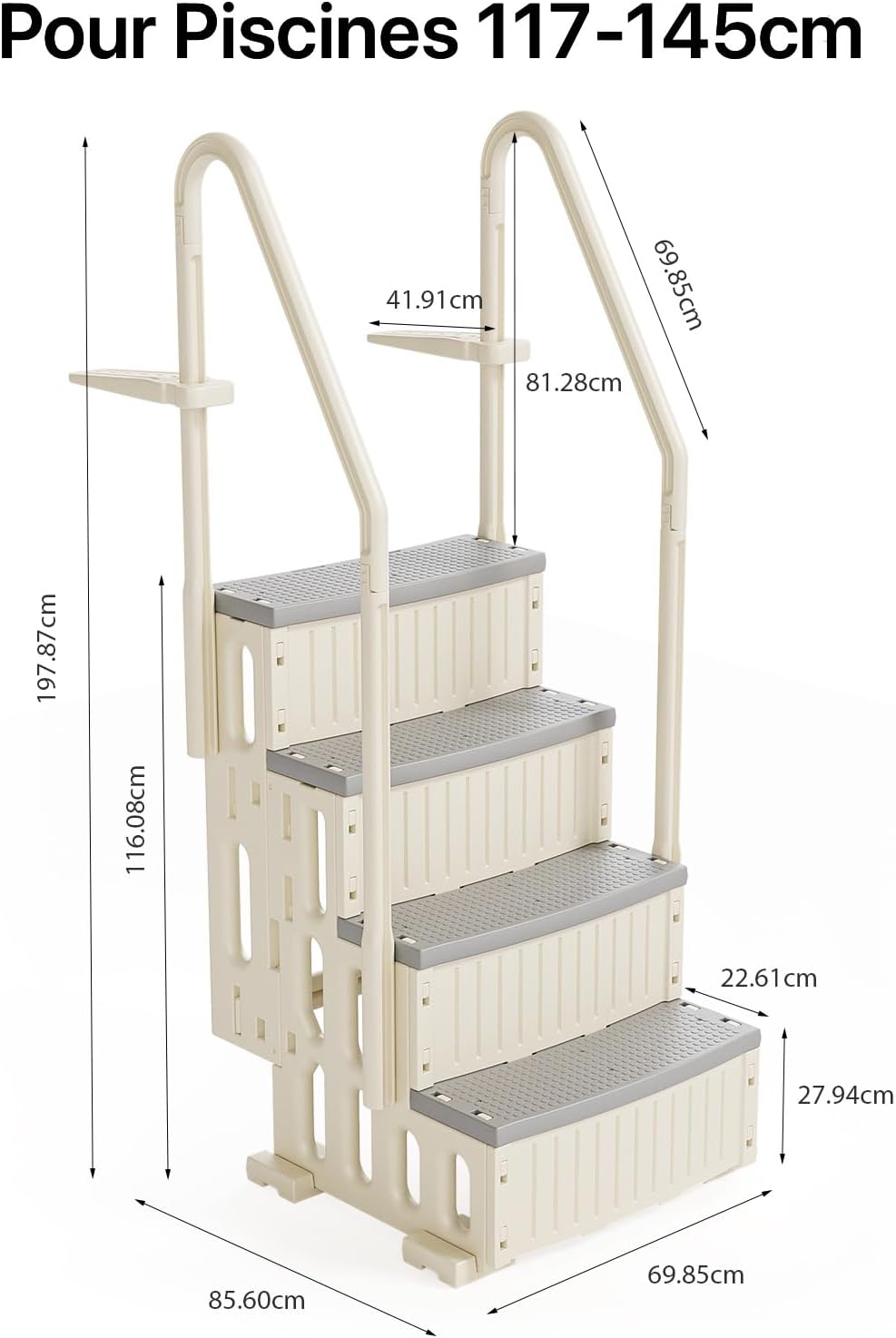 BONNLO Échelle de Piscine Antidérapante PE, Escalier de Piscine, Adaptée aux Piscines Hors Sol et Creusées Intérieur Extérieur, Blanc Cassé (Blanc + Pédale Grise, 4) – Image 3