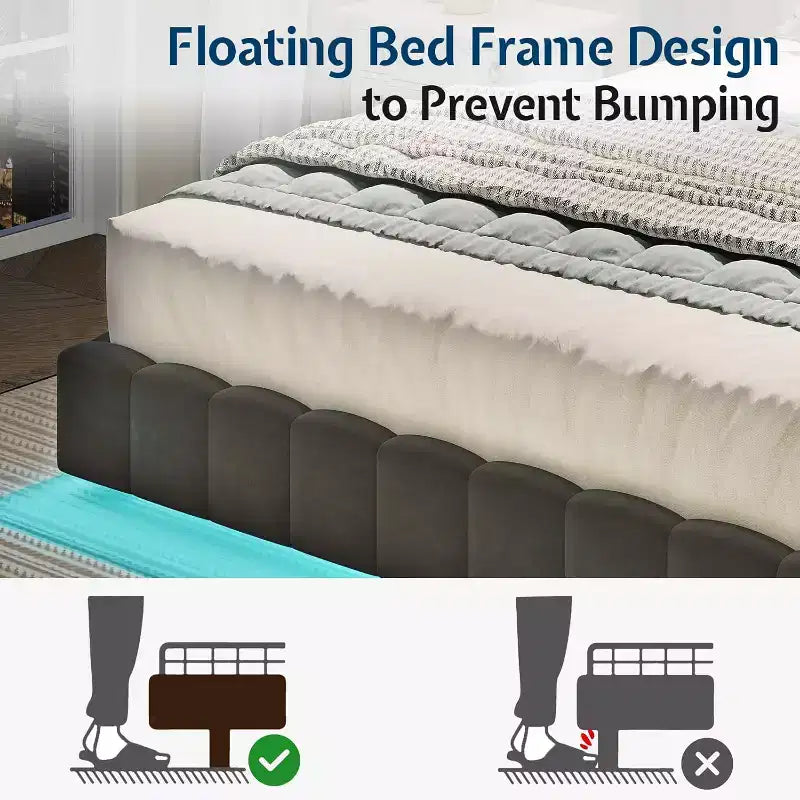 AMERLIFE Upholstered Platform Bed with LED Lights, Floating Design, Solid Slat Support – Image 14