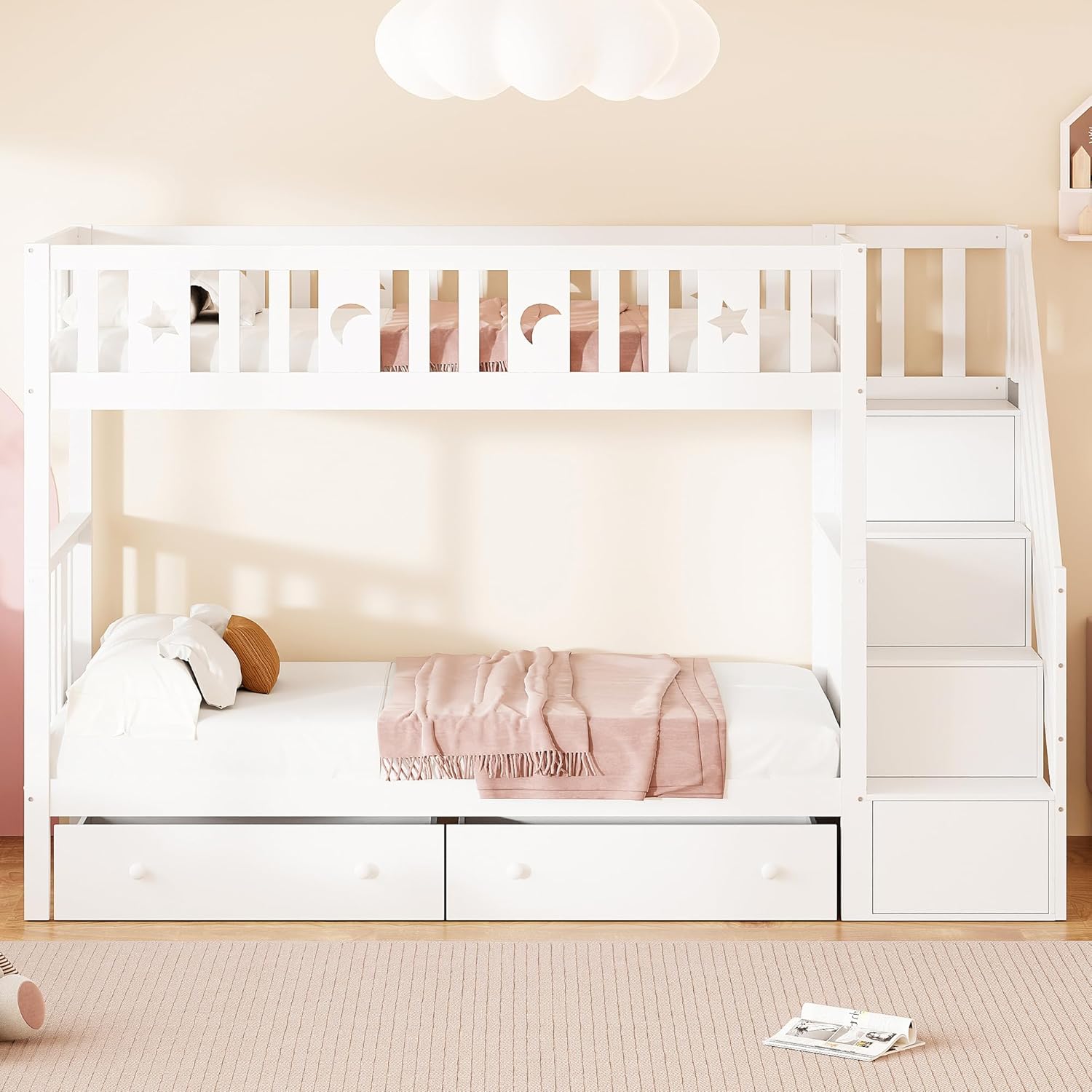 90x200 cm lit superposé en Bois Massif pour Les Enfants - lit Mezzanine avec escalier de sécurité, étagère de Rangement, 2 tiroirs pour Les garçons et Les Filles, Blanc (sans Matelas) | Robuste et durable – Image 6
