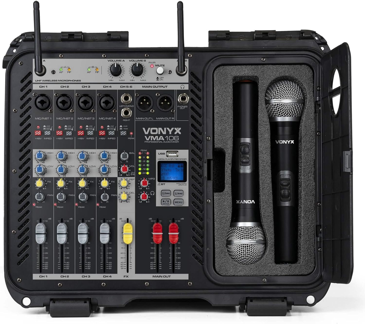 Pack Sono Complet avec Table de Mixage, 2 Enceintes Passives, Micros UHF, Câbles - 1600 Watts, Pied d'Enceines 110 à 175 cm, Bluetooth, MP3, Idéal pour Les DJ Mobiles, Groupes, Événements, Concerts – Image 7