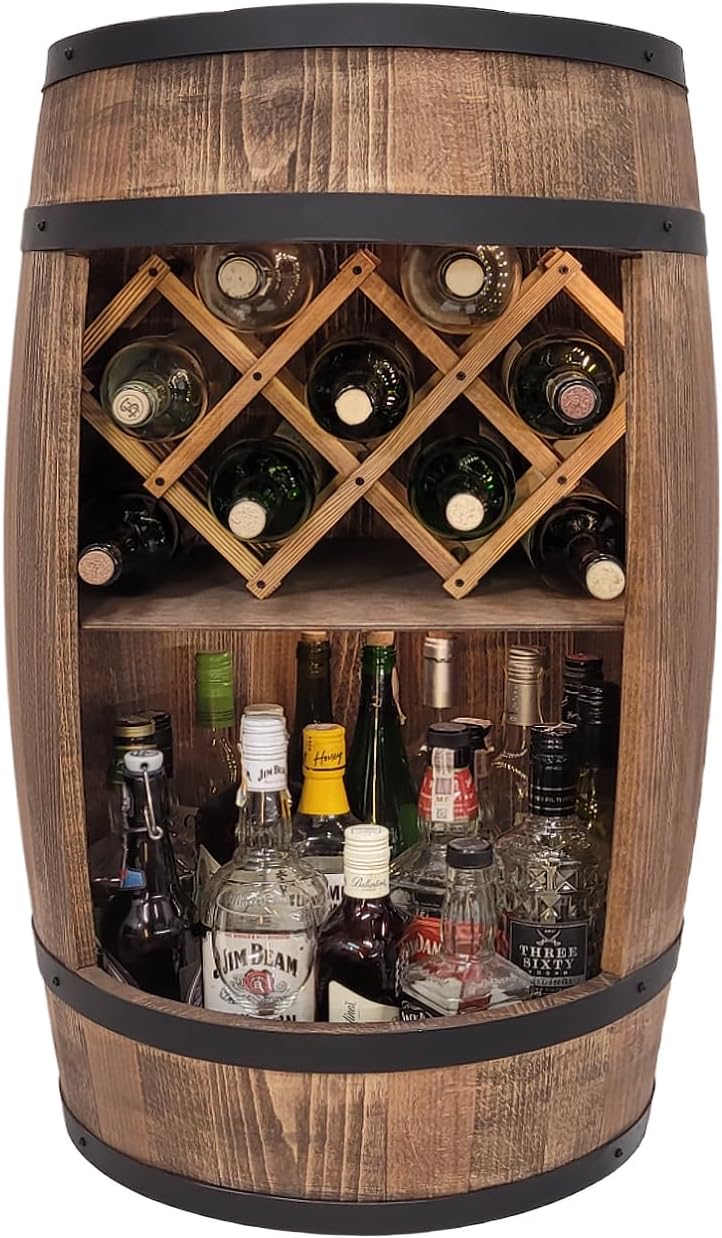 weeco Tonneau Bar en Bois avec Éclairage LED – Casier à Vin avec 2 Étagères et Porte-Bouteilles – Bar Rustique pour Salon ou Cave à Vin – Décoration Vintage – 80x50cm Marron – Image 3