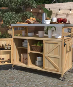 Outdoor Kitchen Island with Stainless Steel Top, Wooden Kitchen Cart with Doors, Shelves and Spice Rack, Rolling Kitchen Island