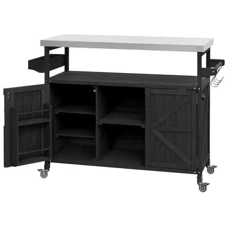Outdoor Kitchen Island with Stainless Steel Top, Wooden Kitchen Cart with Doors, Shelves and Spice Rack, Rolling Kitchen Island – Image 7