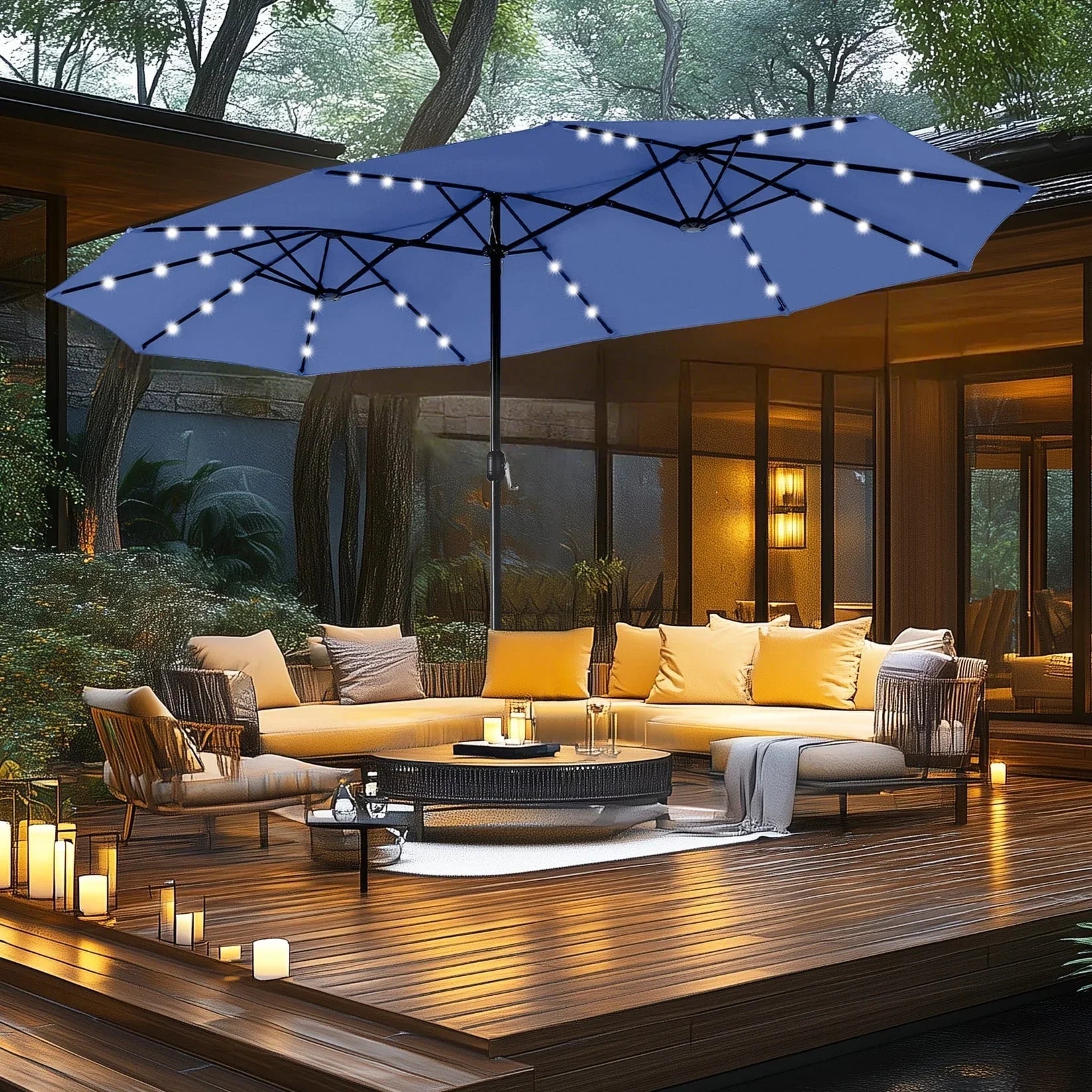 MAISON ARTS 15-foot Rectangular Crank Double-sided Outdoor Market Umbrella Solar LED Lighted Patio Umbrella with Base Included – Image 10
