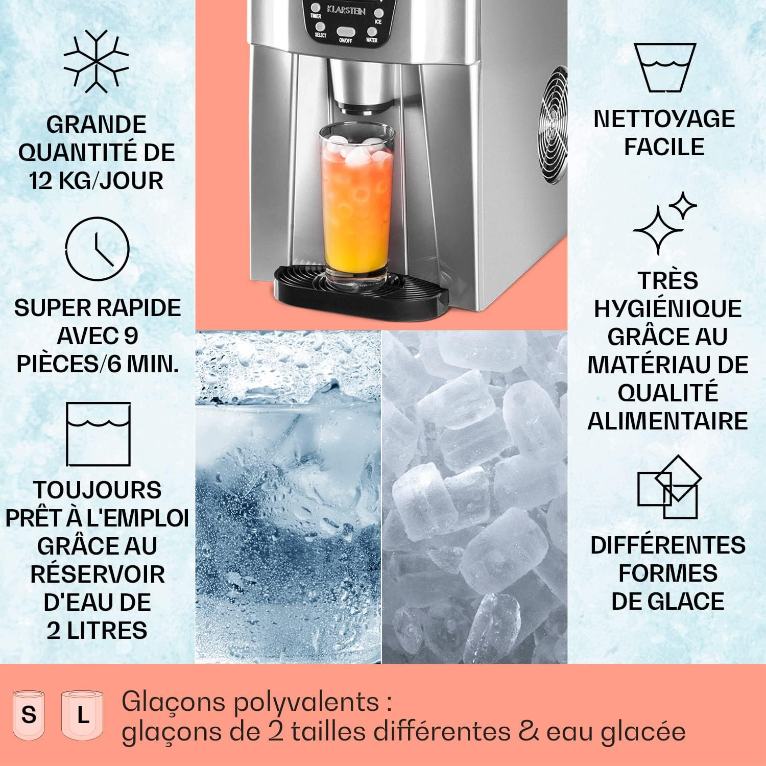 Klarstein Machine a Glacons pour la Maison, Capacité de 2L, Fabrique Rapidement Jusqu'à 12kg de Glacons, Alarmes de Sécurité, Machine à Glaçons de Comptoir, Ice Maker, Distributeur Eau Froide – Image 4