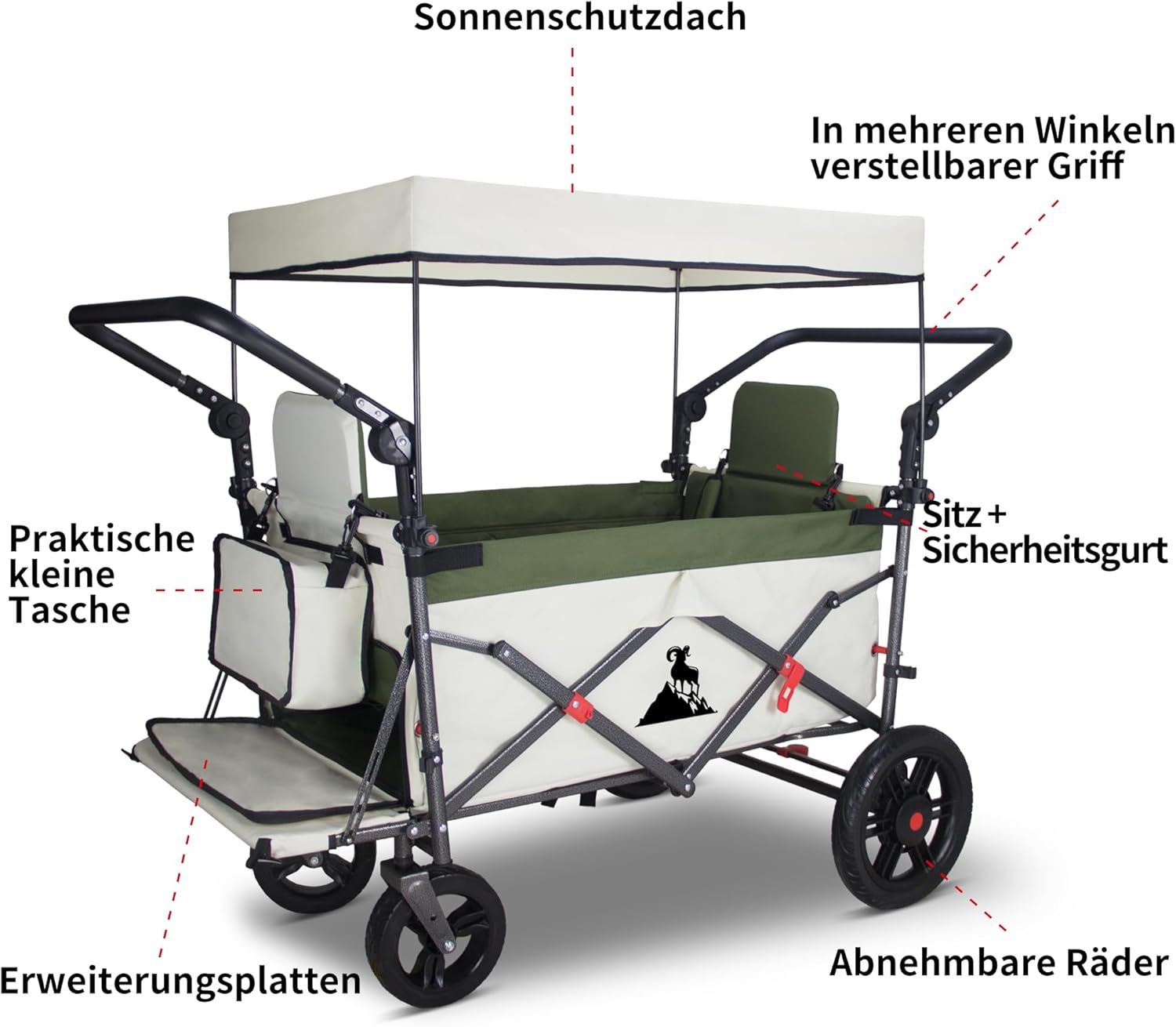 TOPWELL Chariot de transport pliable de 180 l jusqu'à 120 kg avec 2 sièges pliables/toit/frein, chariot de transport pliable avec roues en polyuréthane vert/beige – Image 2