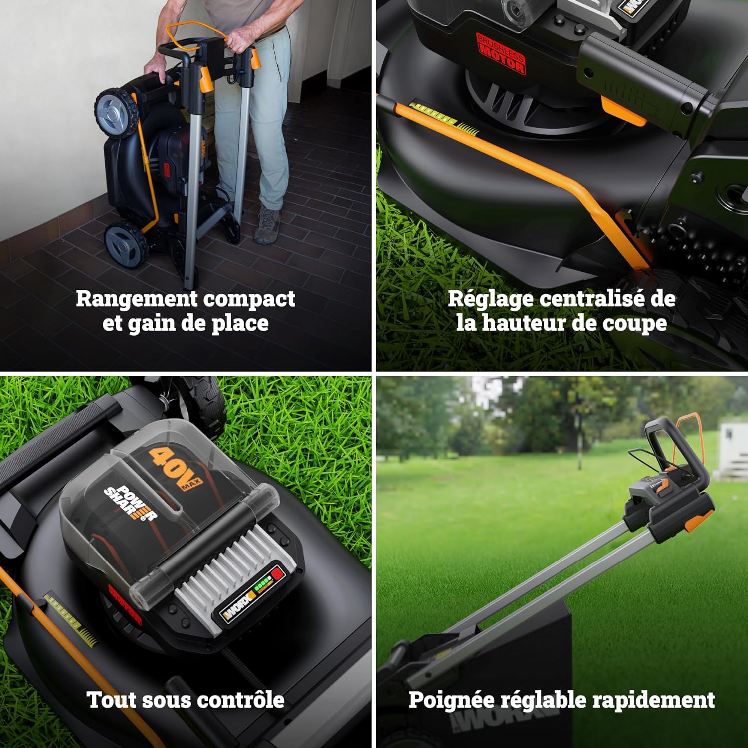 WORX Tondeuse à Gazon tractée Brushless sans Fil 40V WG749E, jusqu'à 500m² sur Une Charge, diam. 46cm, Coupe jusqu'aux Bordures, Sac de 55 L, Mulching, livée avec 2 Batteries 4Ah et Chargeur – Image 8