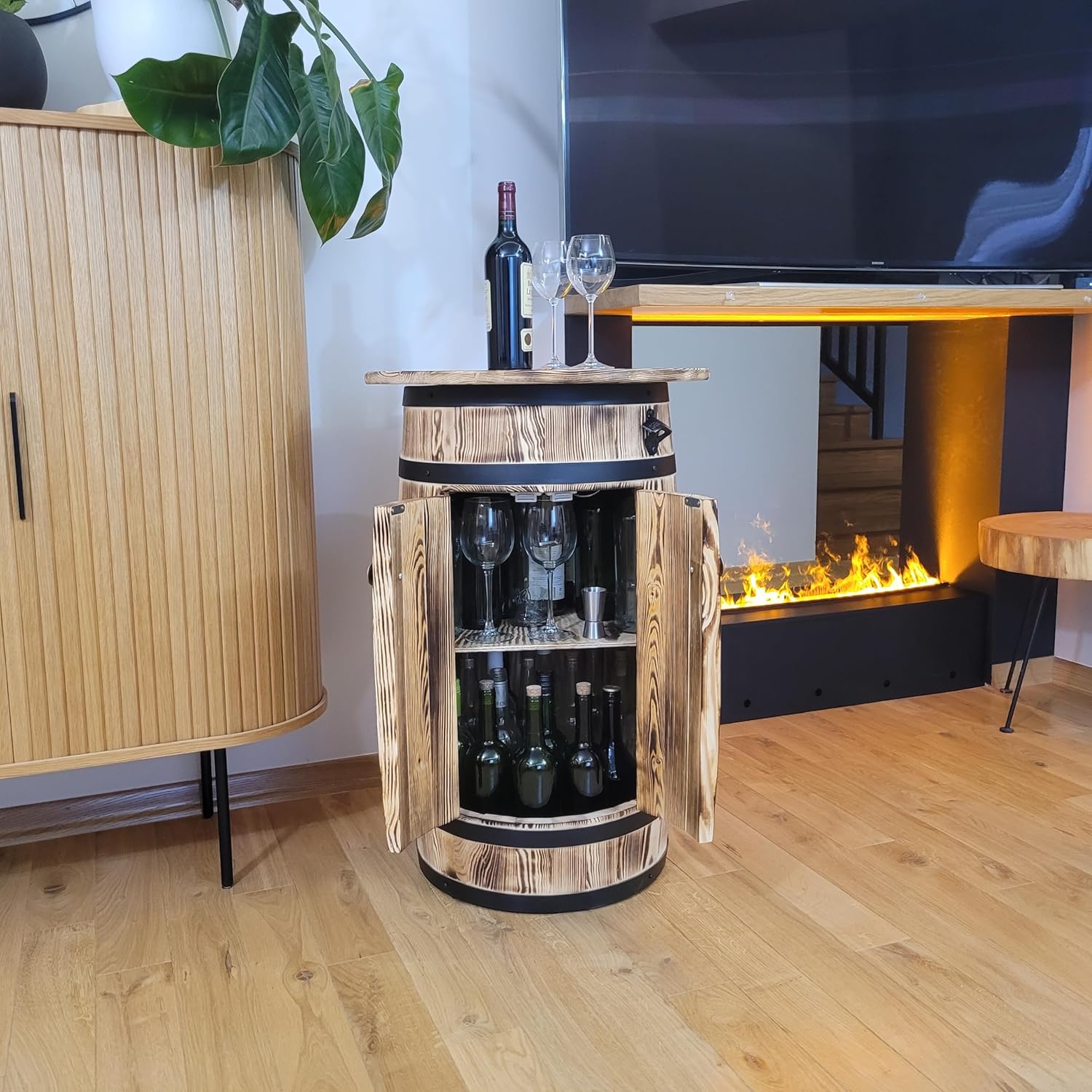 weeco Baril en bois avec étagères et portes pour ranger l'alcool - Meuble de bar avec grande surface de rangement pour 30 à 40 bouteilles - Casier à vin - 80 x 55 x 44 cm - Marron clair – Image 2