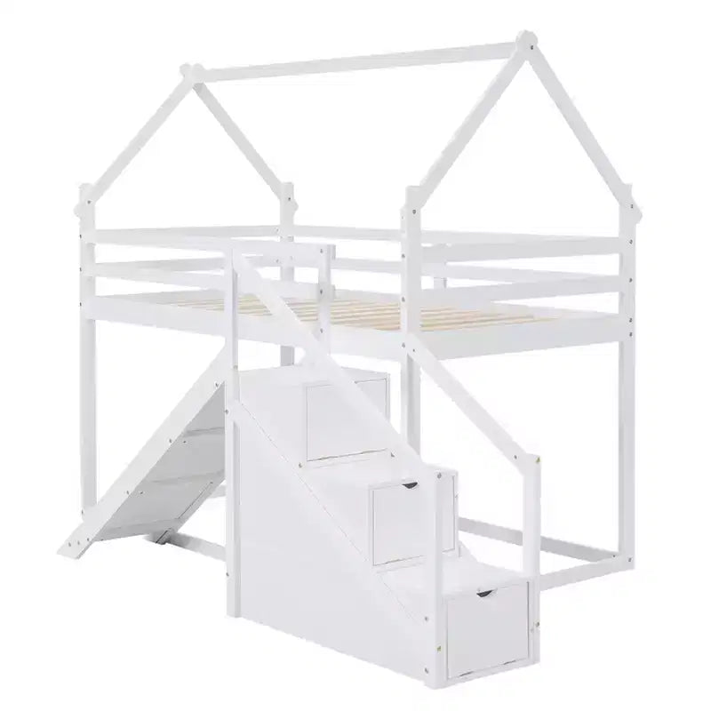 House Bunk Beds with Slide and Storage Stairs, Kids Wood Twin over Twin Bunk Bed with Roof and Stairs for Girls Boys – Image 24