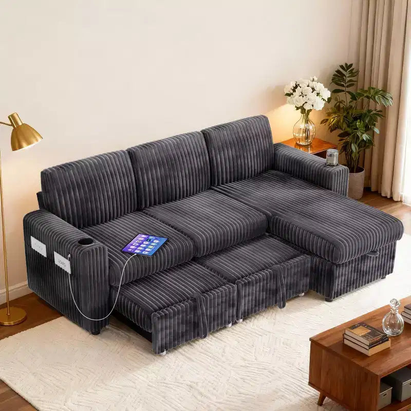 L-Shaped Sectional Sleeper Sofa with Pull-Out Bed, USB Ports & Storage – Image 41
