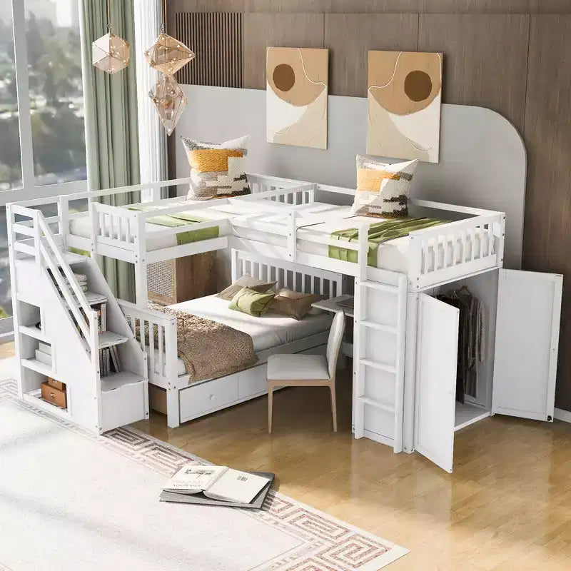 Whisen Modern Design Twin over Full L-Shaped Bunk Bed With 3 Drawers, Portable Desk and Wardrobe – Image 6
