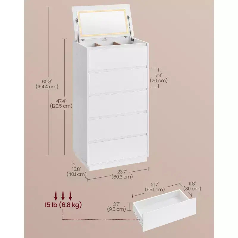 5-Drawer Dresser with Vanity Mirror and Touch Control Adjustable Lights, Modern Chest of Drawers for Bedroom, Sturdy Storage Furniture, Snow White – Image 5