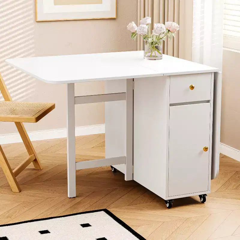 ATJafurn 59'' Foldable Dining Table with Drop Leaves for Small Space, Rectangular Wooden Extendable kitchen Table with Wheels and Storage – Image 19