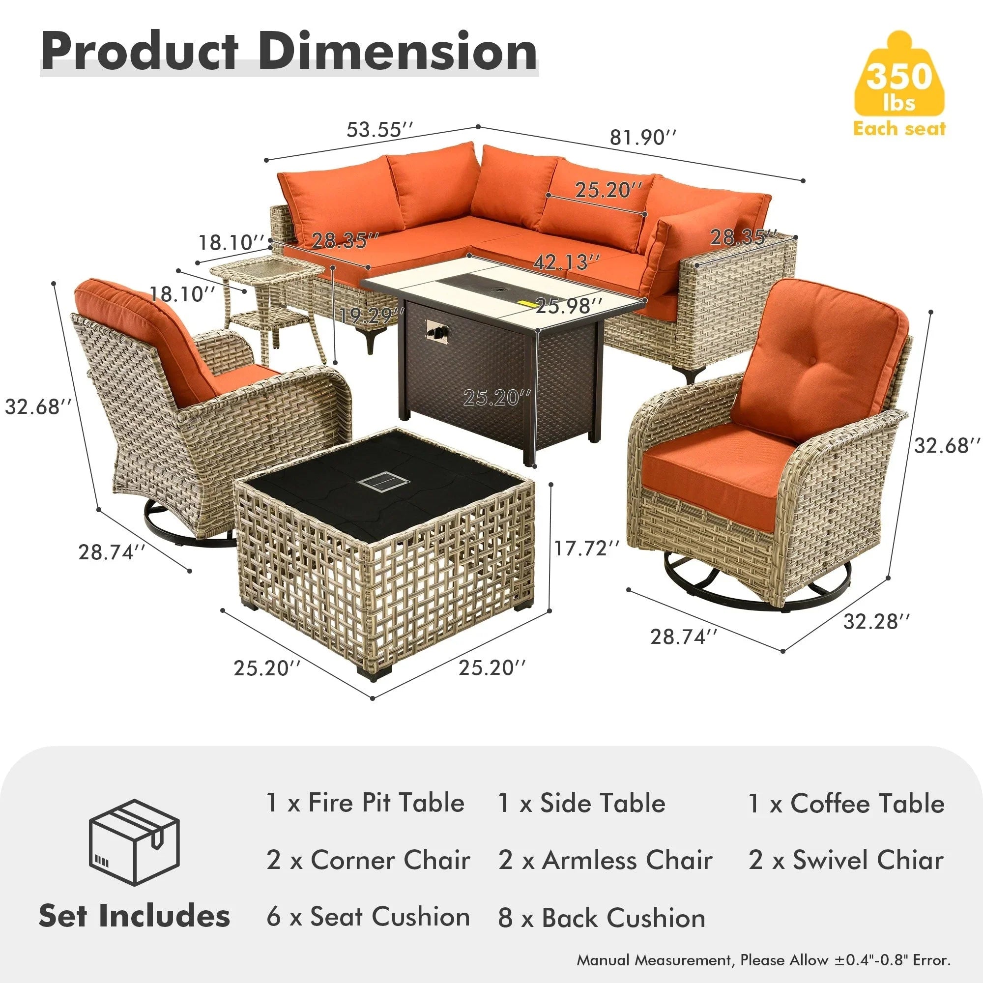 OVIOS 9 Pieces Outdoor Wicker Swivel Chair Set With Fire Table – Image 27