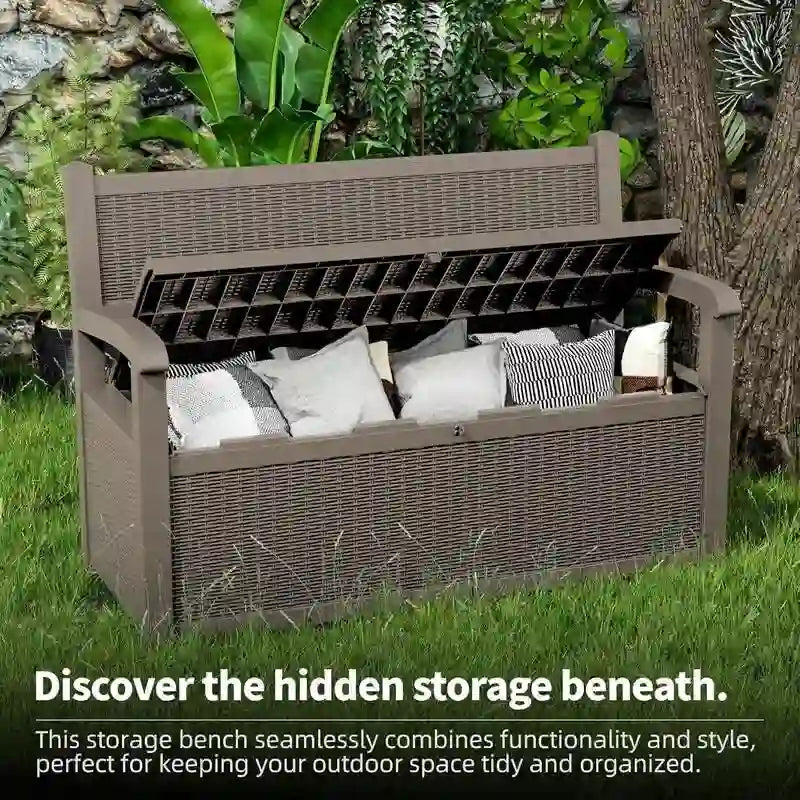 All-Weather Resin Storage Bench with Lockable Hidden Compartment - Rattan-Look Design, 500 lbs Capacity, 70-Gallon Storage – Image 5