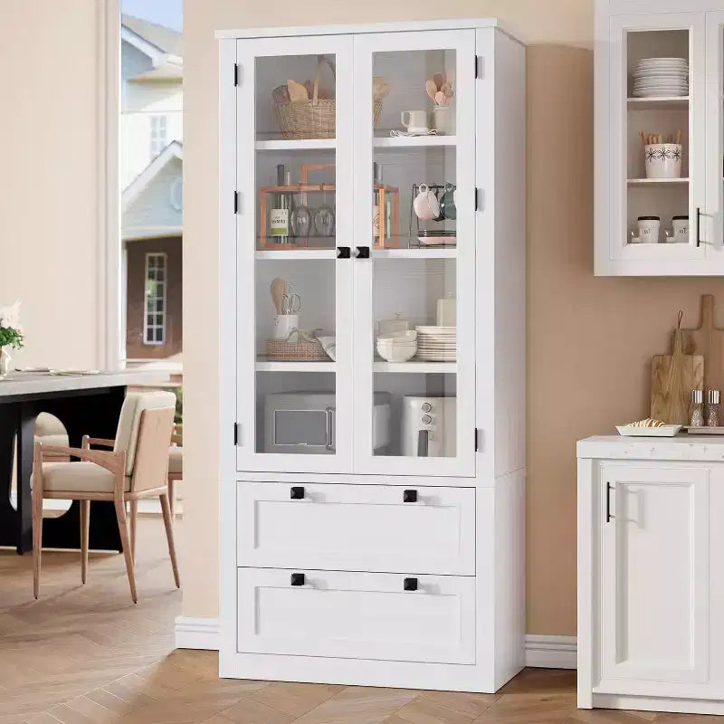 Farmhouse Kitchen Pantry Cabinet with Glass Doors, 72in Storage Cupboard with Drawers and Adjustable Shelves for Dining Room Bathroom Living Room – Image 5