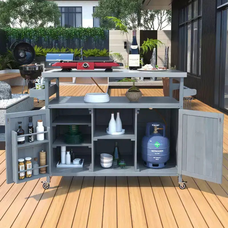 Outdoor Kitchen Island with Stainless Steel Top, Wooden Kitchen Cart with Doors, Shelves and Spice Rack, Rolling Kitchen Island – Image 11