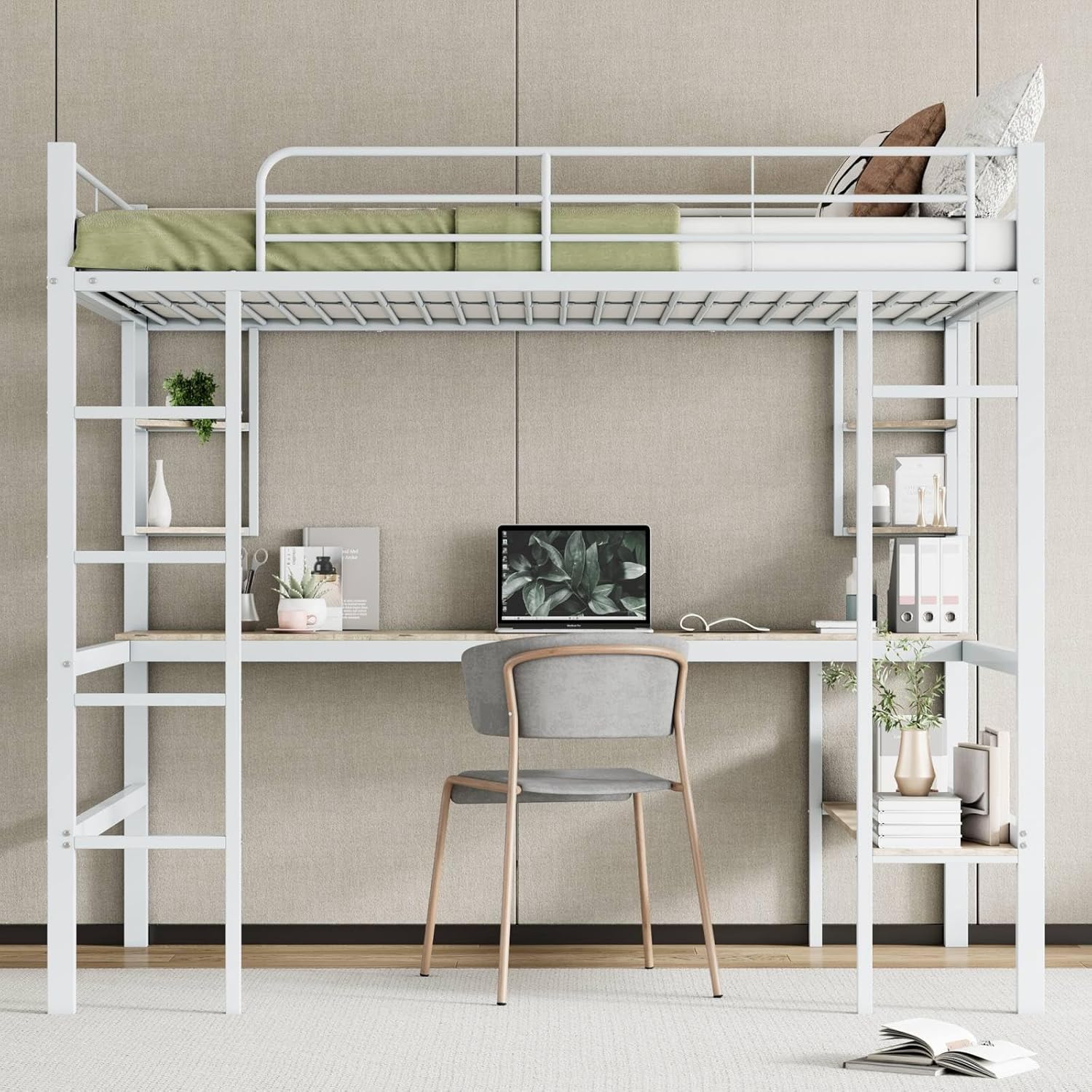PUGSDRLY Lit Mezzanine Double 140x200cm avec Bureau et étagères, Cadre en Fer, Hauteur Adulte/Adolescent Blanc – Image 3