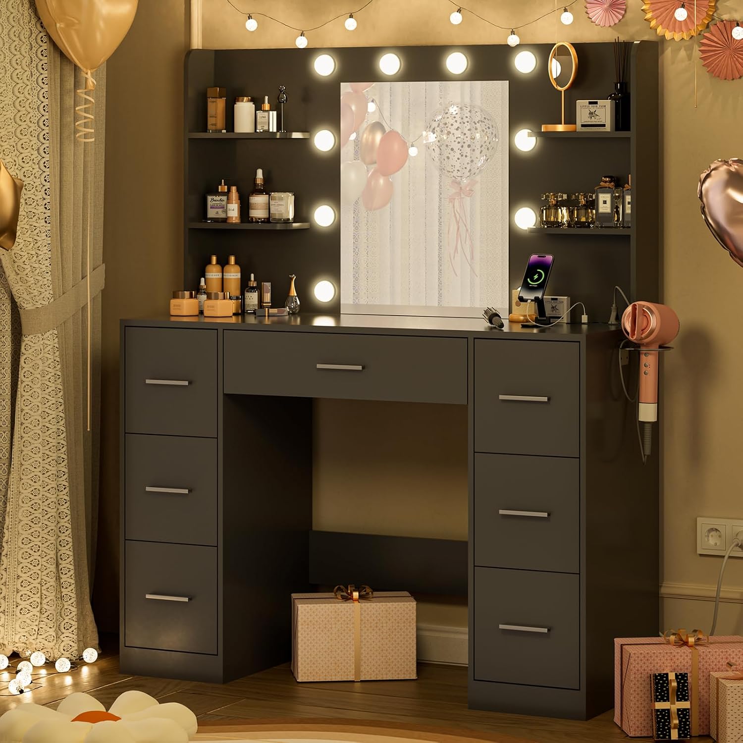 Airfish Coiffeuse LED, tiroir et prise, bureau de maquillage moderne avec étagères, commode pour chambre à coucher – Image 4