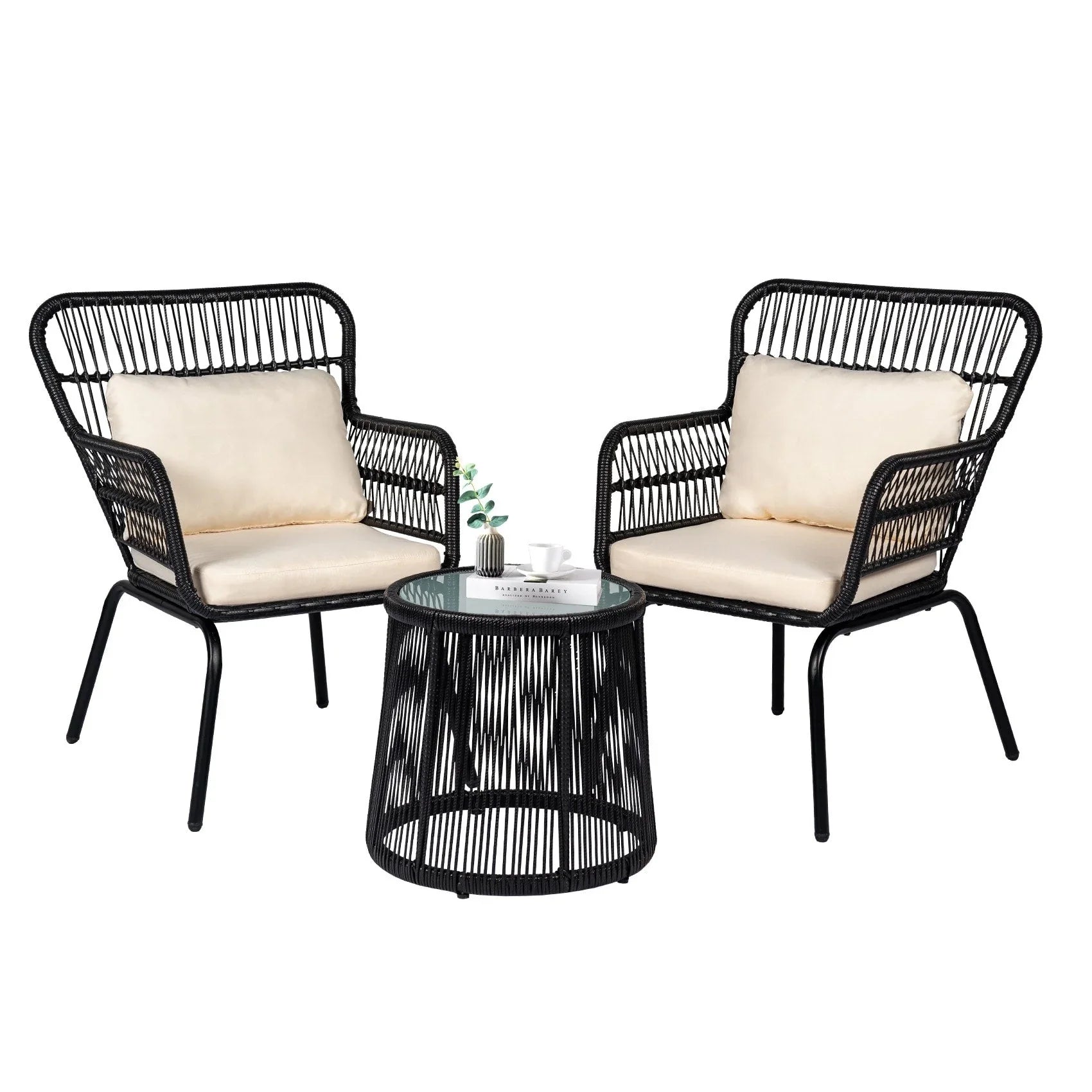 3 Piece Outdoor Wicker Conversation Bistro Set, All-Weather Rattan Furniture Patio Chairs Set with Cushions – Image 34