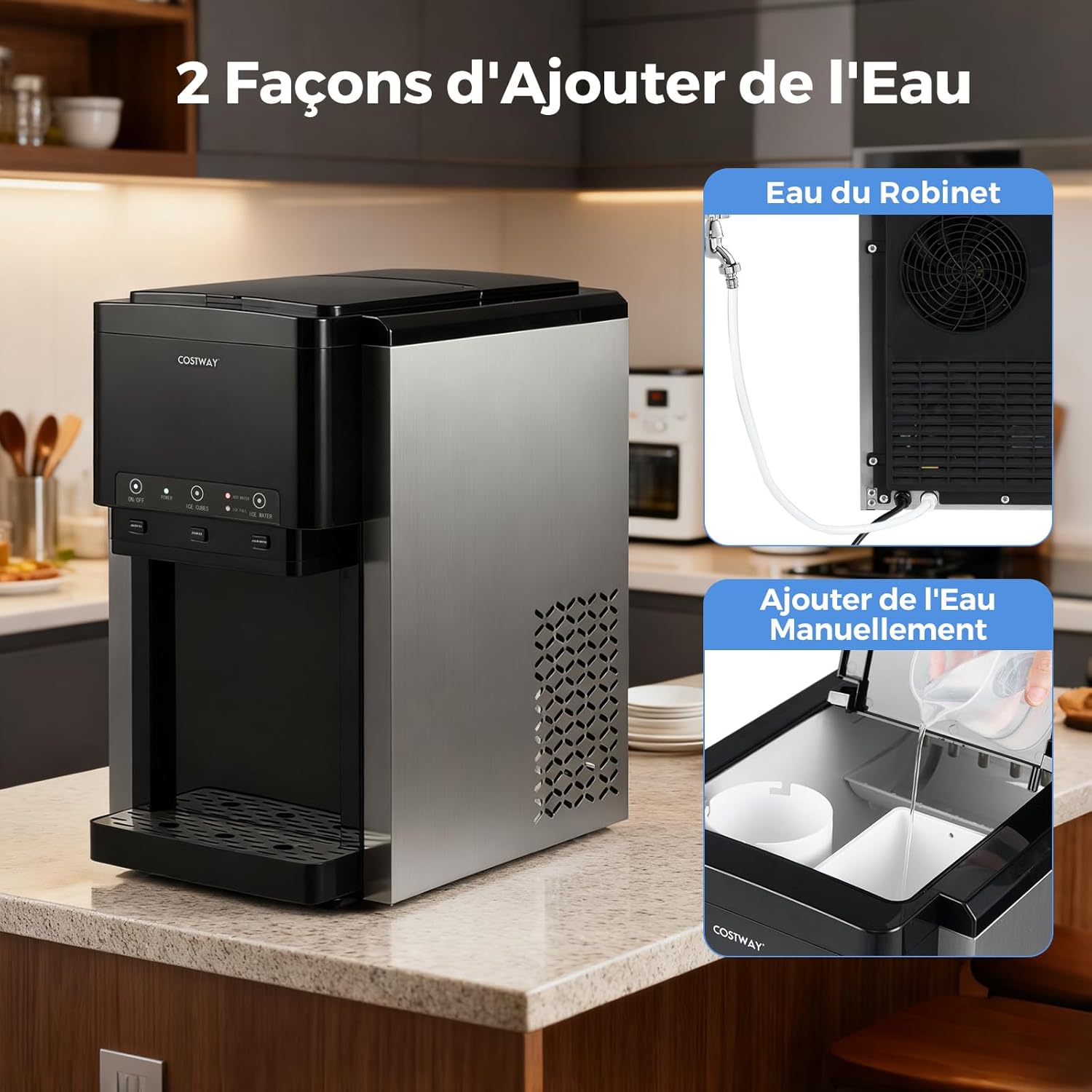 COSTWAY 3 en 1 Distributeur d'Eau avec Machine à Glaçons en Cubes et Glace Pilée 20 kg en 24h, Refroidisseur d'Eau de Comptoir, Remplissage Manuel/Automatique, pour Maison, Cuisine, Bureau – Image 9