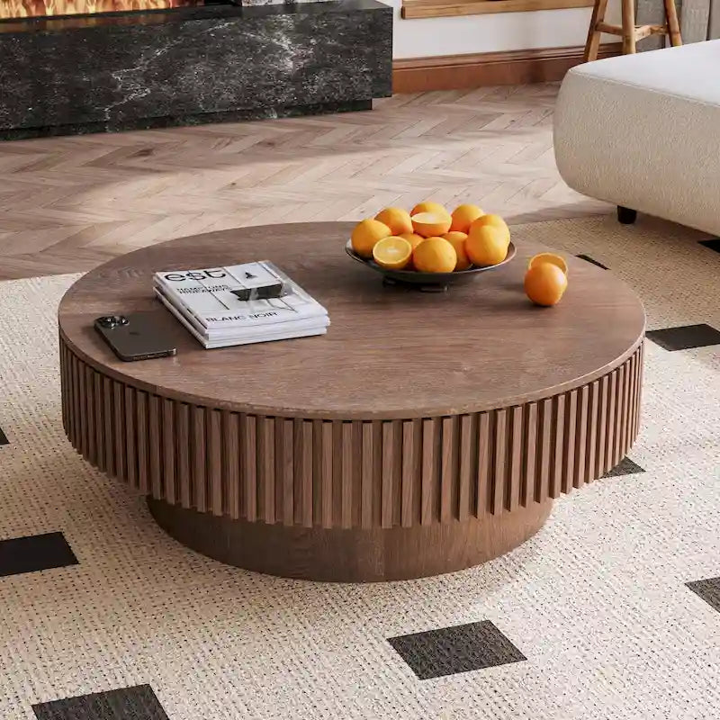 Modern Solid Wood Veneered Round Coffee Tea Table with Storage – Image 27