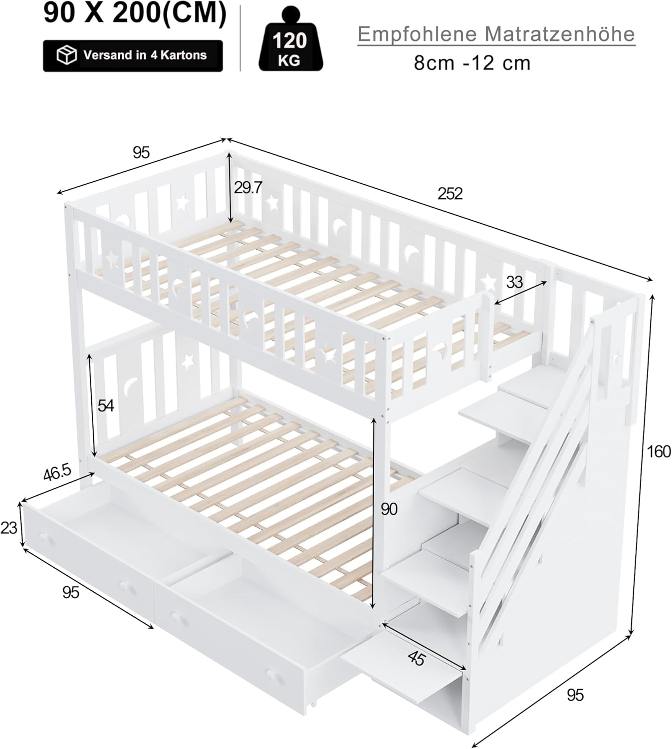 90x200 cm lit superposé en Bois Massif pour Les Enfants - lit Mezzanine avec escalier de sécurité, étagère de Rangement, 2 tiroirs pour Les garçons et Les Filles, Blanc (sans Matelas) | Robuste et durable – Image 9