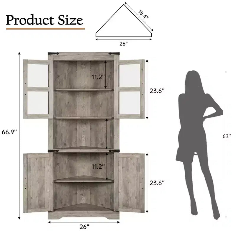 67 in Tall Corner Storage Cabinet with Lights, Farmhouse Corner Hutch Display Cabinet with Glass Doors, Wooden Storage Organizer for Kitchen, Bathroom – Image 11