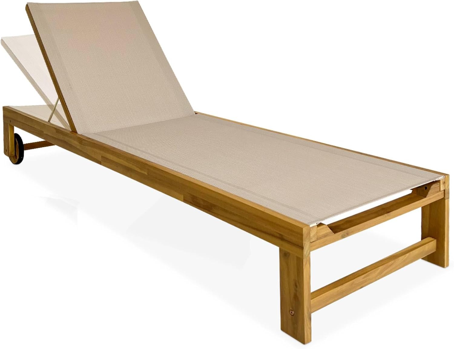 sweeek - Lot de 2 Bains de Soleil en Bois d'acacia et textilène Beige. Multi Positions avec roulettes – Image 6